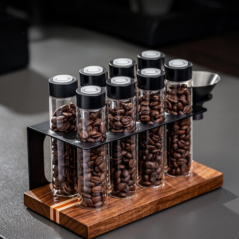 Kitchen Appliances Organizer - JUSTINLAU Glas-Kaffeebohnen-Aufbewahrungsgläser Luftdicht mit 1-Wege-Ventil Holz-Präsentationsregal
